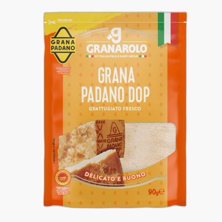 Granarolo Grana Padano DOP grated cheese 90 g package on a white background
