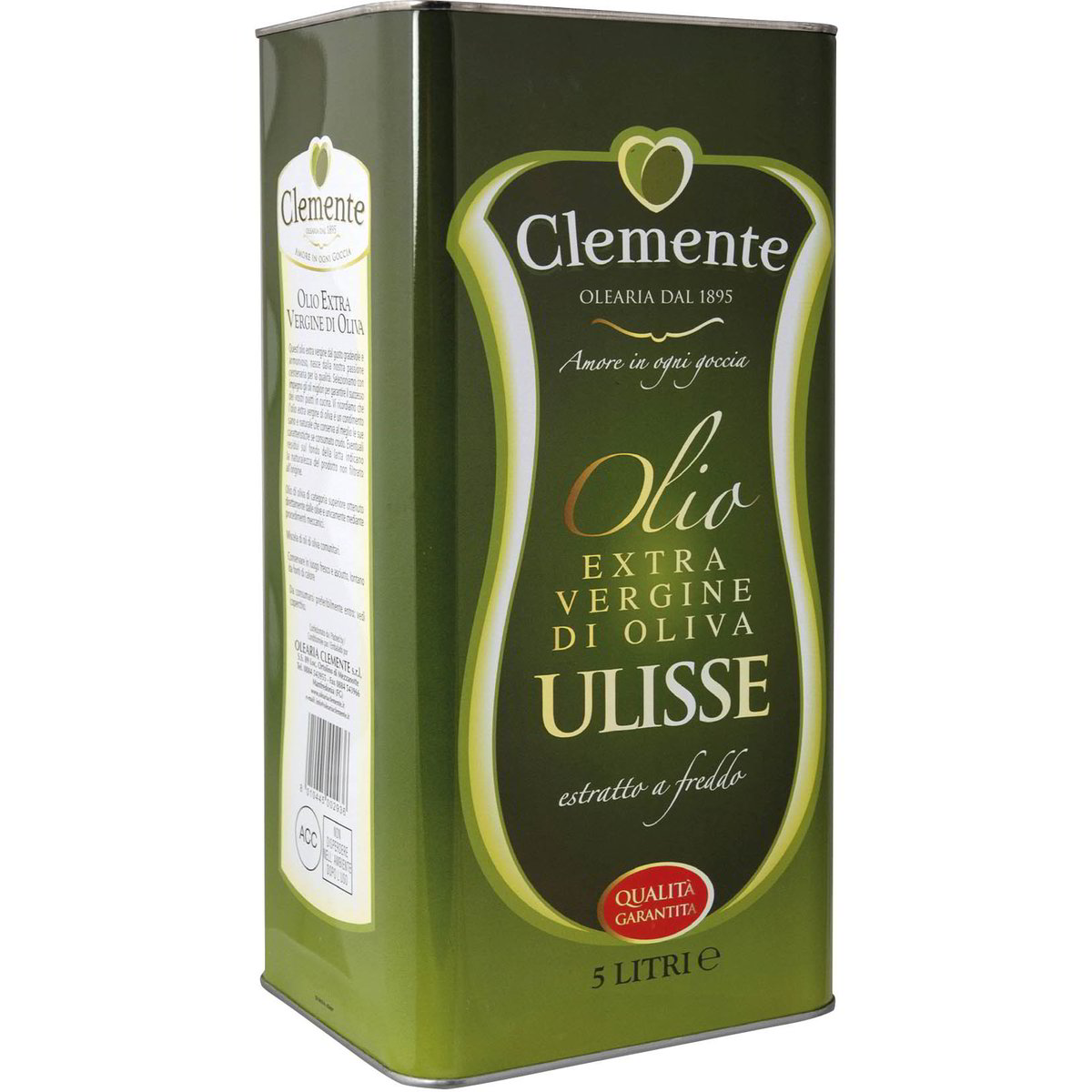 Clemente Ulisse extra virgin olive oil, 5 L tin on a white background